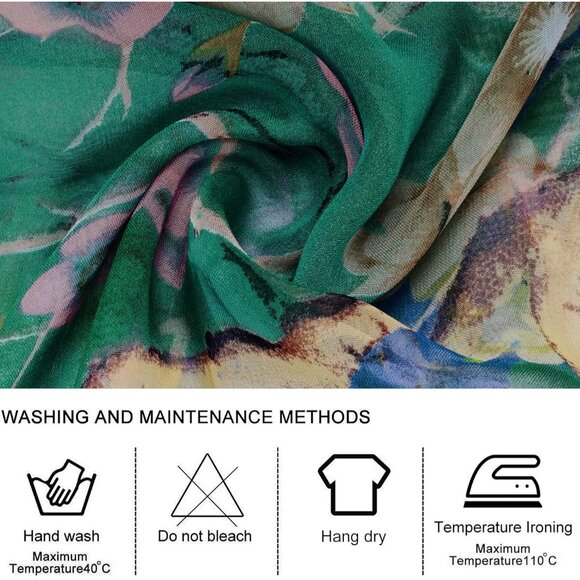 Women's Dark Green Fashion Lightweight Head Scarf Floral Print Chiffon Scarf - Picture 2 of 7